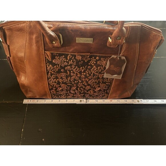 Valenchi Genuine 100% Brown Leather Large Embossed Tooled Floral Shoulder Bag - Picture 10 of 12